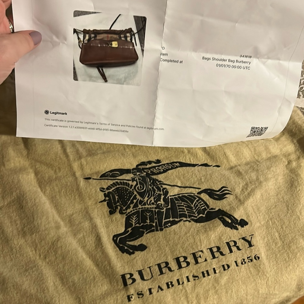 Burberry Brown Leather Drawstring Crossbody with Check Trim - Picture 2 of 16